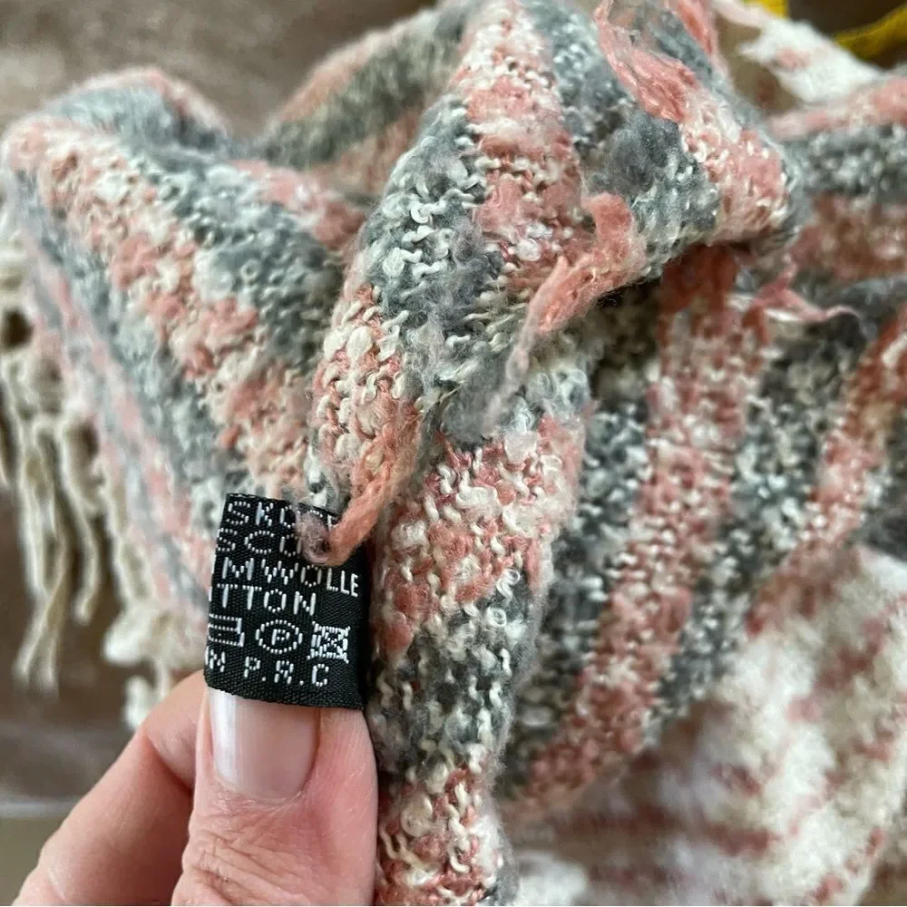 Striped Sherpa-Like Thick Knit Wrap/ Scarf with Long Tassels